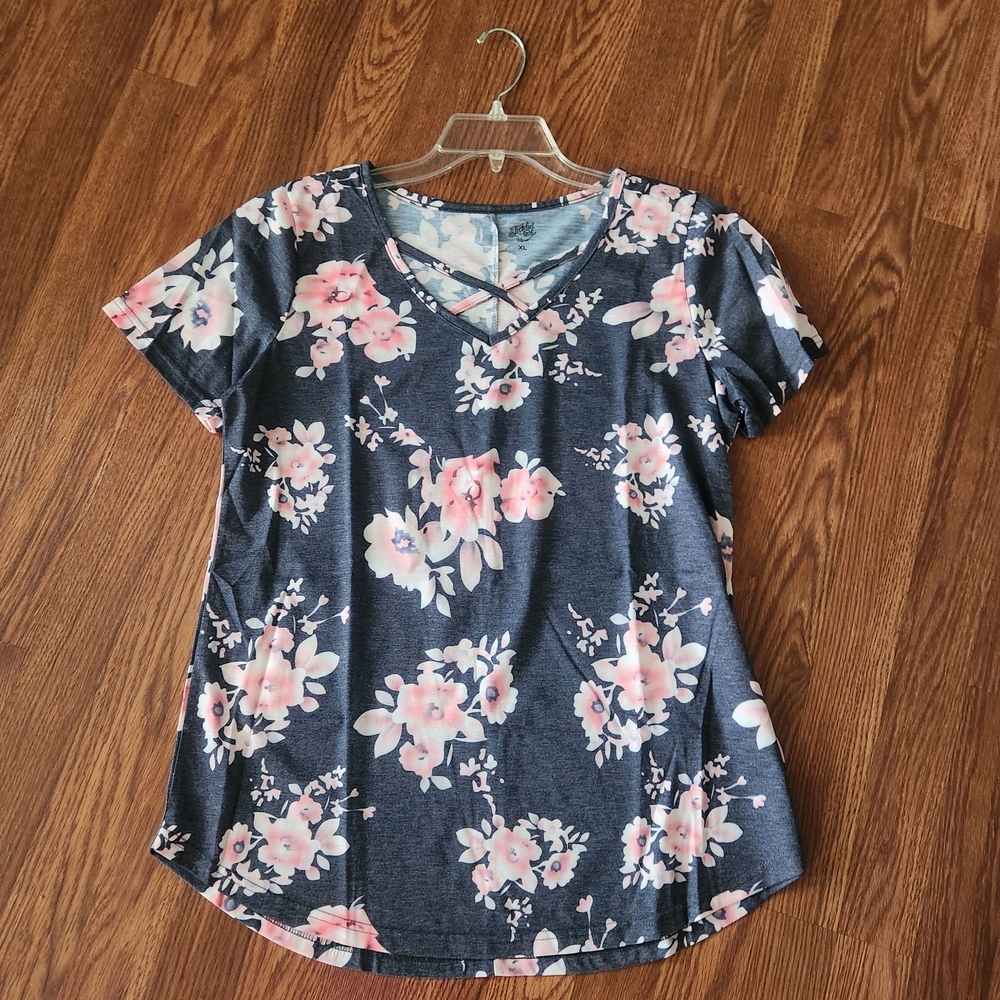 Tickled Teal Gray and Pink Floral Short Sleeve Top